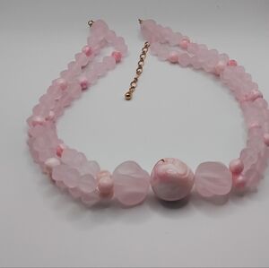 Triple Strand Pink Lucite Marble Opaque Bead Necklace